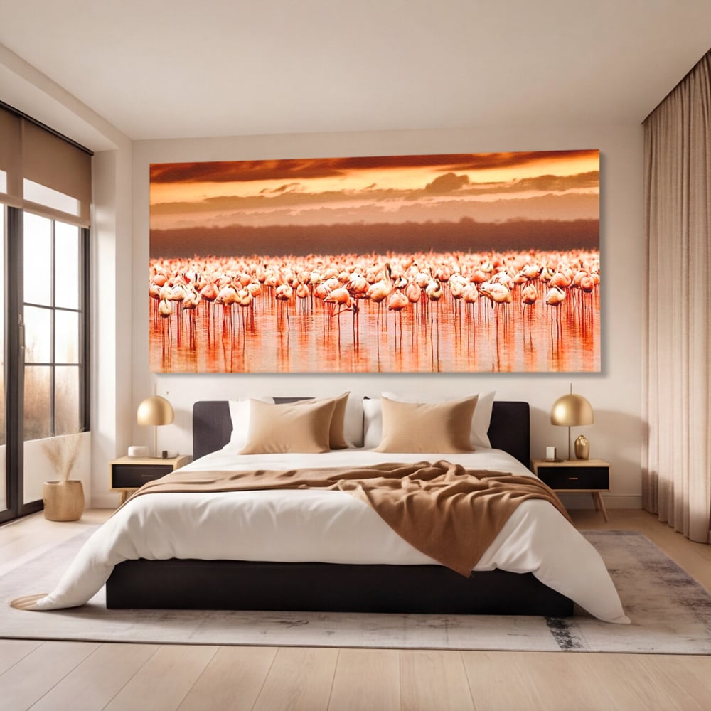 Tablou canvas cu tablou canvas cu stol de flamingo la apus, fara rama, pe sasiu de lemn, pe perete intr-un dormitor